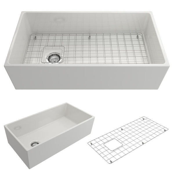 BOCCHI CONTEMPO 36 Fireclay Farmhouse Single Bowl Kitchen Sink with Protective Bottom Grid and Strainer