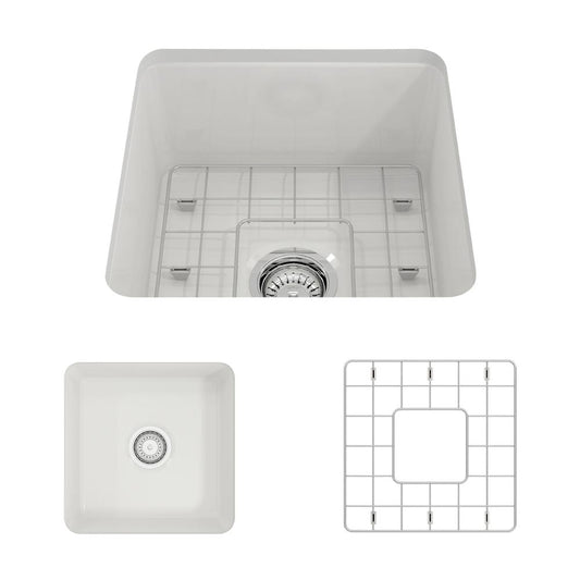 Top view of BOCCHI SOTTO 18" Fireclay Modern Undermount Single Bowl Kitchen Sink with Protective Bottom Grid and Strainer in white.