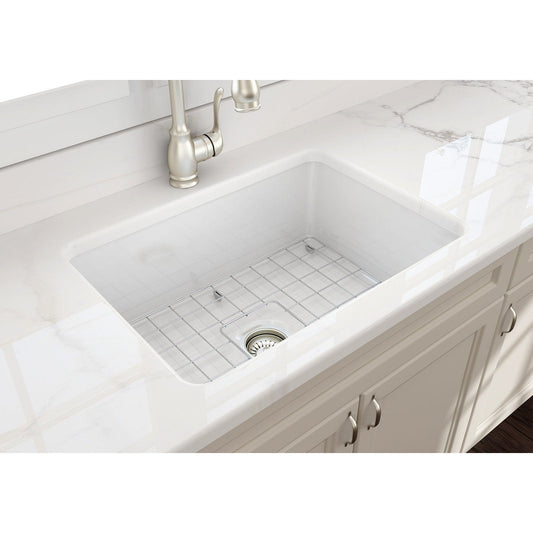 BOCCHI SOTTO 27" Fireclay Modern Undermount Single Bowl Kitchen Sink with Protective Bottom Grid and Strainer top view with faucet
