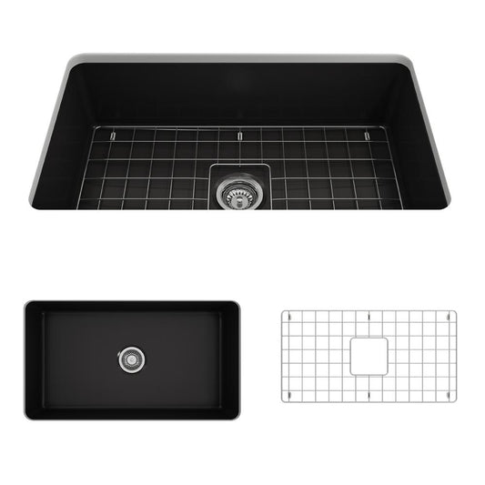 BOCCHI SOTTO 32" Fireclay Modern Undermount Single Bowl Kitchen Sink with Protective Bottom Grid and Strainer top view