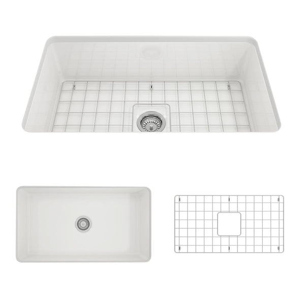 BOCCHI SOTTO 32 Fireclay Modern Undermount Single Bowl Kitchen Sink with Protective Bottom Grid and Strainer