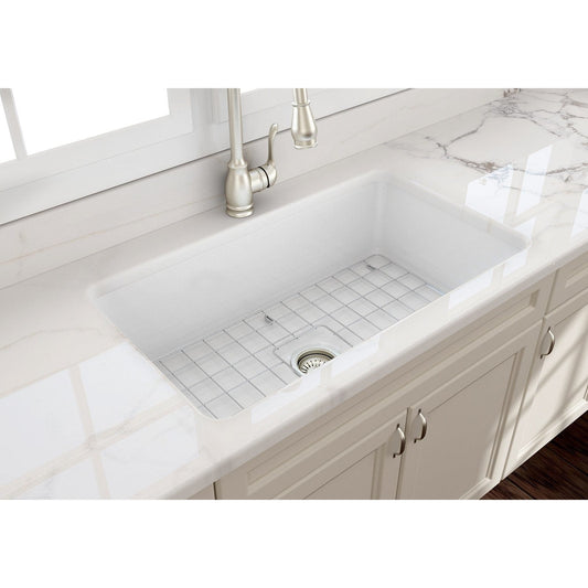 BOCCHI SOTTO 32" Fireclay Modern Undermount Single Bowl Kitchen Sink with Protective Bottom Grid and Strainer, right top view