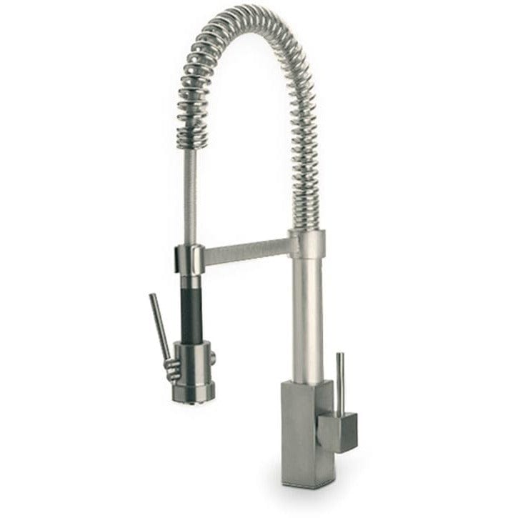 LATOSCANA Dax Single Handle Spring Spout Kitchen Faucet Chrome front view showing brushed nickel finish and flexible design.
