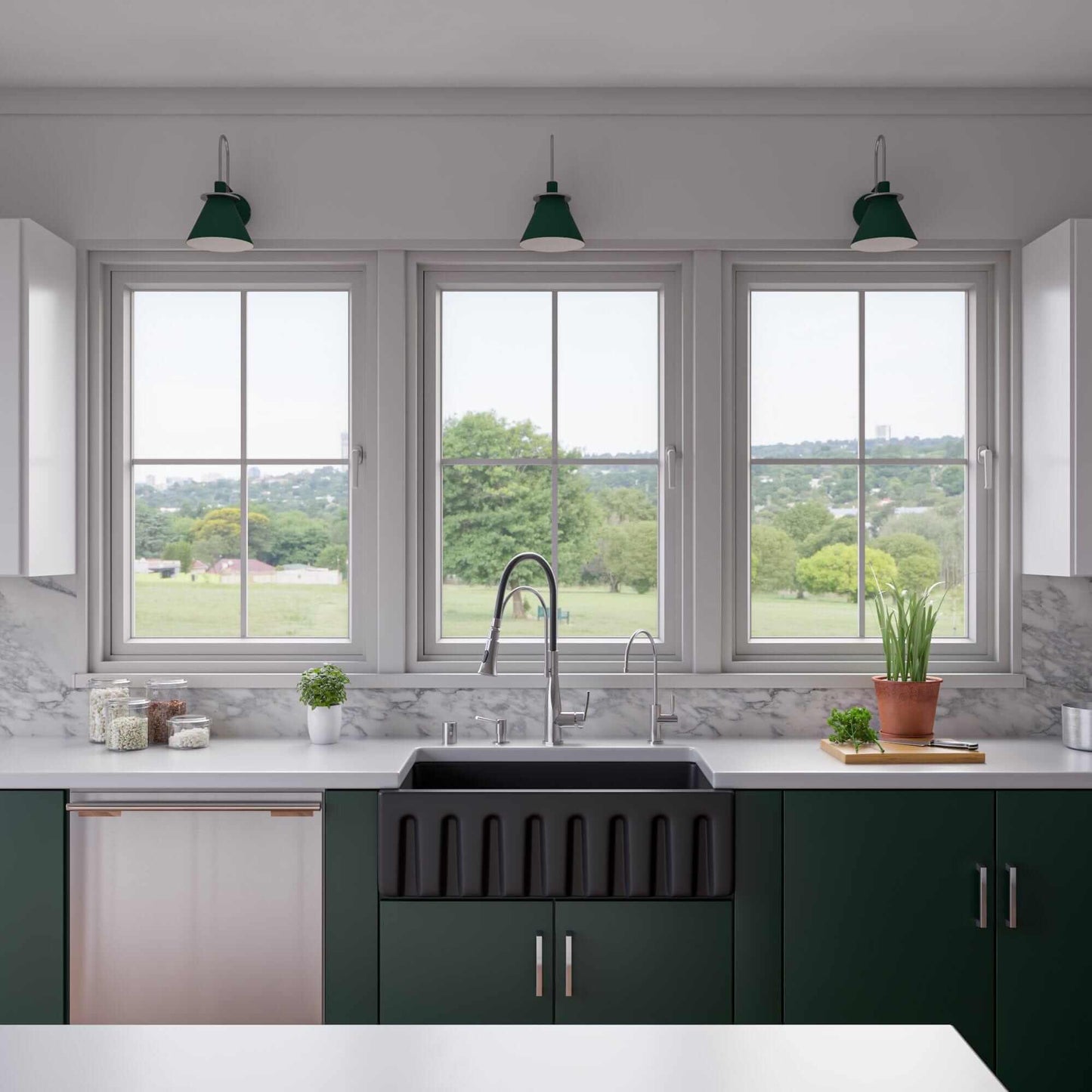 ALFI 33" Black Matte Reversible Smooth / Fluted Single Bowl Fireclay Farm Sink AB3318HS-BM in a modern kitchen setting.