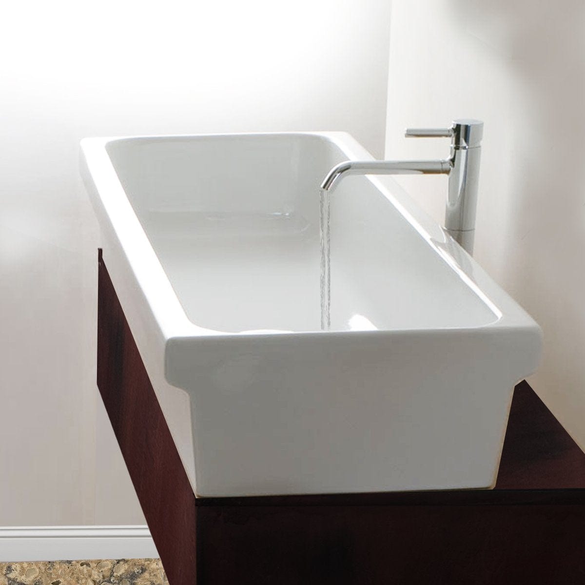 Nantucket 35.5" Rectangular Italian Fireclay Vessel Sink - Canal35-90 with elegant faucet and flowing water.