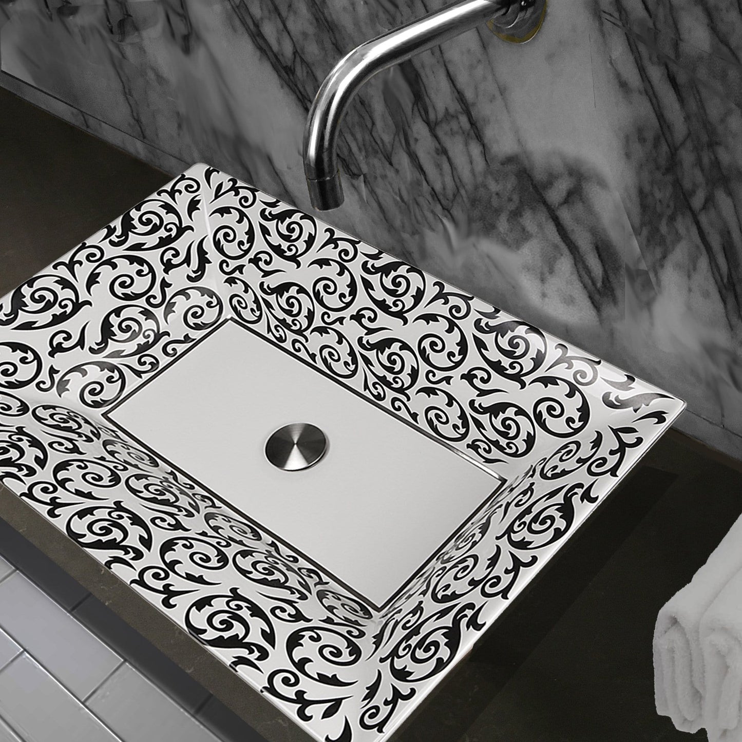 Nantucket La Maddalena Italian Fireclay Vanity Sink - RC73040PD with elegant black and white design.