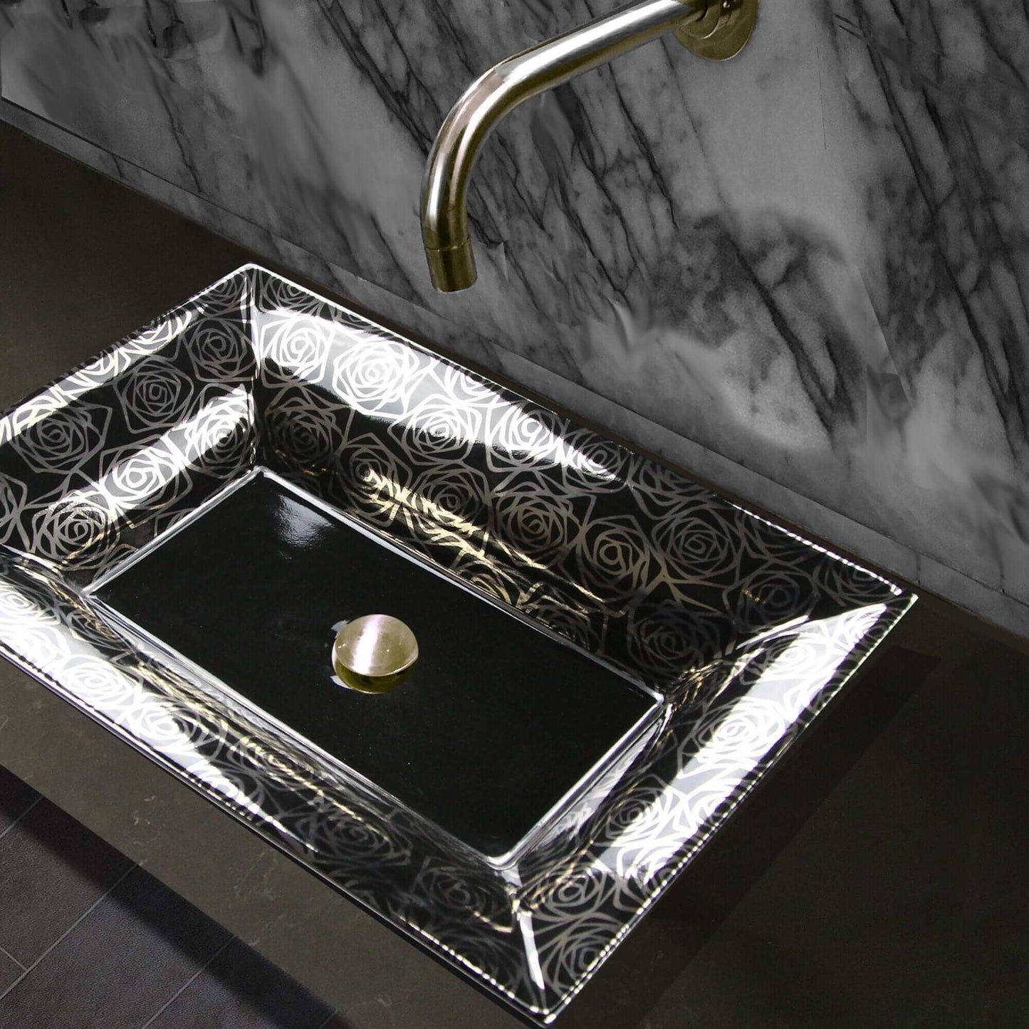 Nantucket Porto Cervo Italian Fireclay Vanity Sink - RC73040PR with floral design in modern bathroom setting.