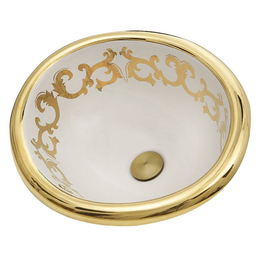 Nantucket Sanremo Italian Fireclay Vanity Sink - RC73240GS with ornate gold trim showcasing exquisite craftsmanship.