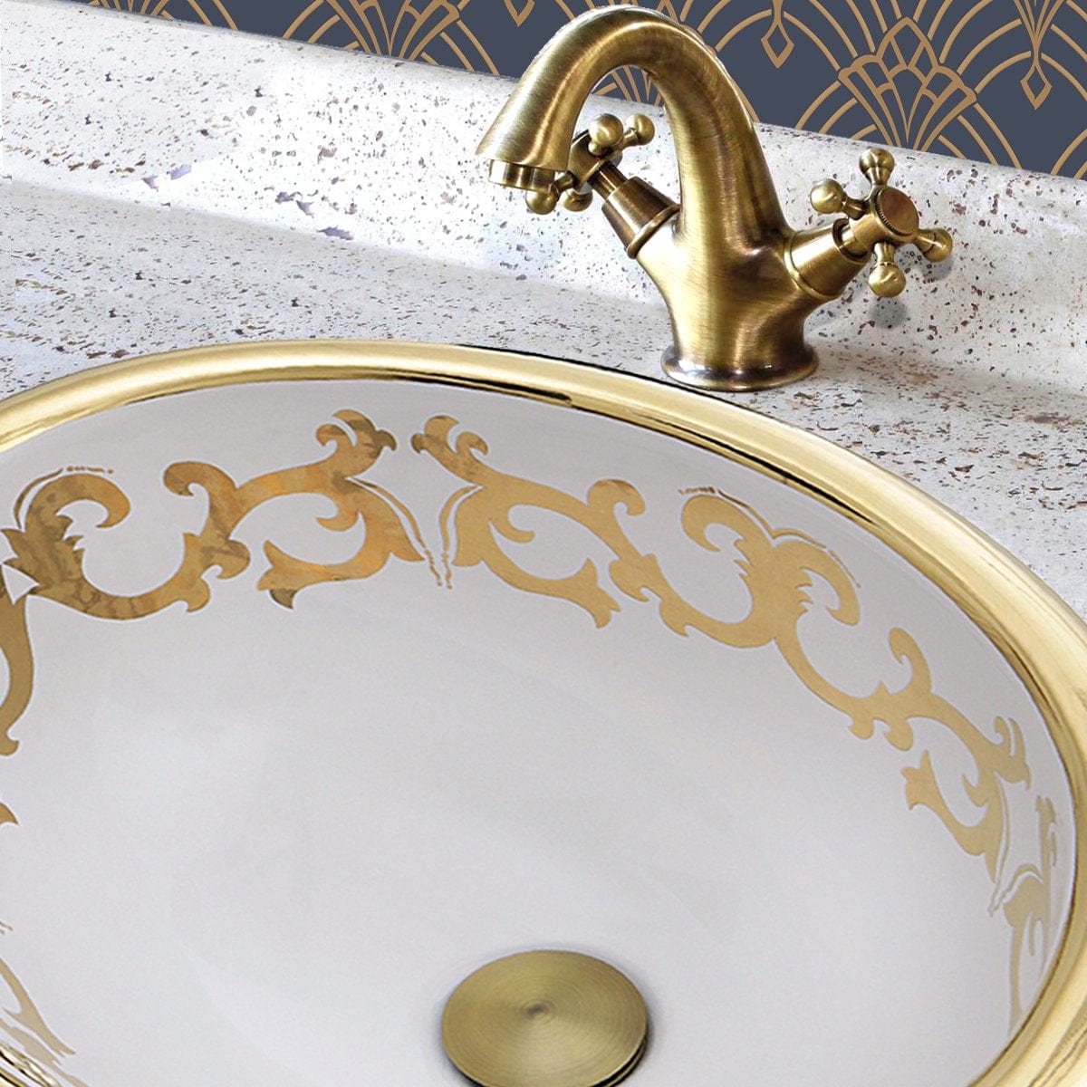 Nantucket Sanremo Italian Fireclay Vanity Sink - RC73240GS with gold-accented design and stylish faucet.
