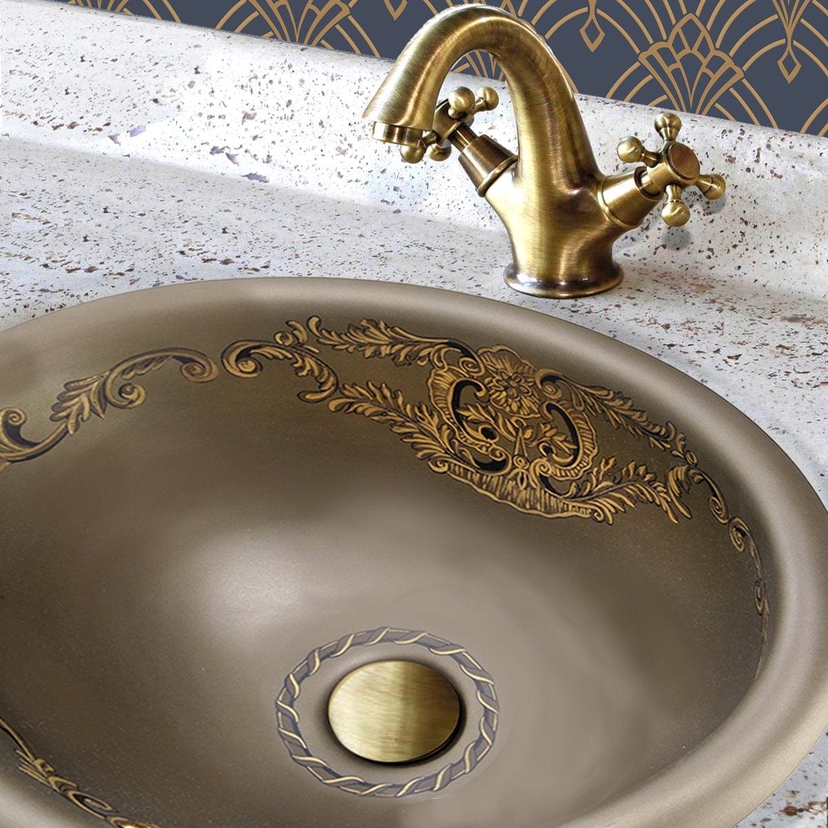 Nantucket St. Louis Italian Fireclay Vanity Sink - RC73240BHY with decorative bronze design and elegant faucet.