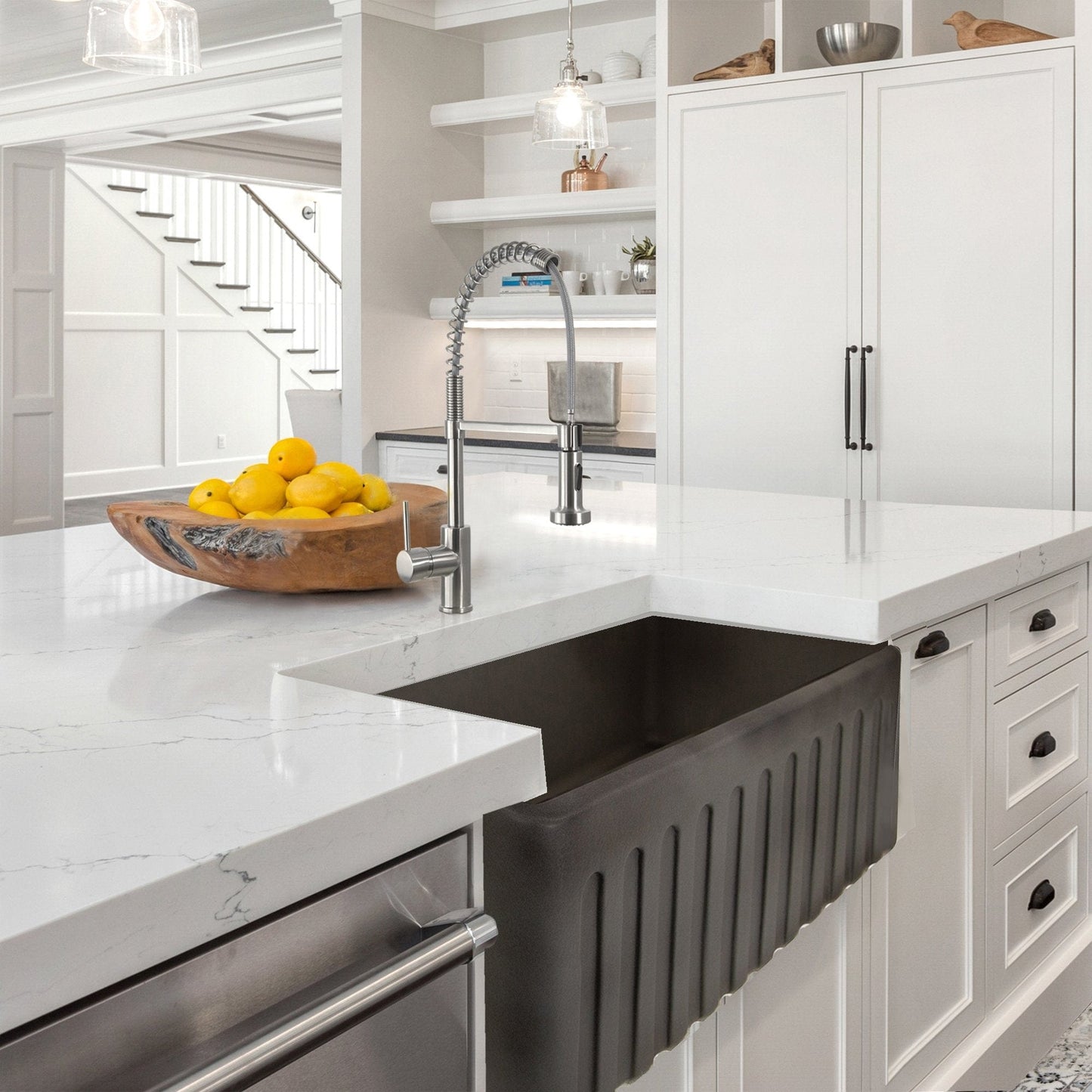 Nantucket 30" Farmhouse Fireclay Sink with Concrete Finish - FCFS3020S-Concrete featured in modern kitchen design.