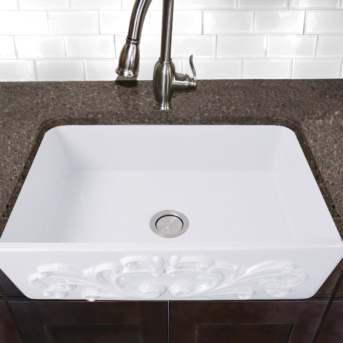 Nantucket 30" Farmhouse Fireclay Sink with Filigree Apron - FCFS3020S-Filigree installed in a stylish kitchen.