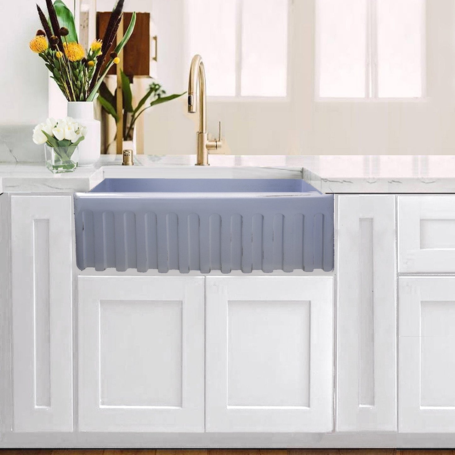 Nantucket 30" Farmhouse Fireclay Sink with Pietra Sarda Finish - FCFS3020S-PietraSarda in a white kitchen.