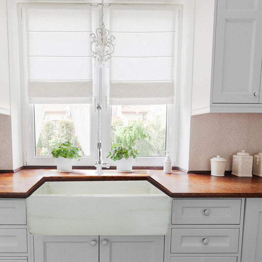 Nantucket 30" Farmhouse Fireclay Sink with Shabby Straw Finish - FCFS3020S-ShabbyStraw in a bright kitchen setting.