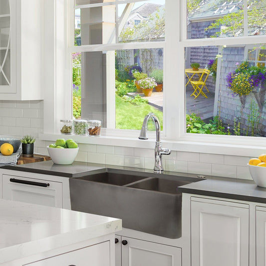 Nantucket 33" Double Bowl Farmhouse Fireclay Sink with Concrete Finish - FCFS3318D-Concrete in a stylish kitchen setting.