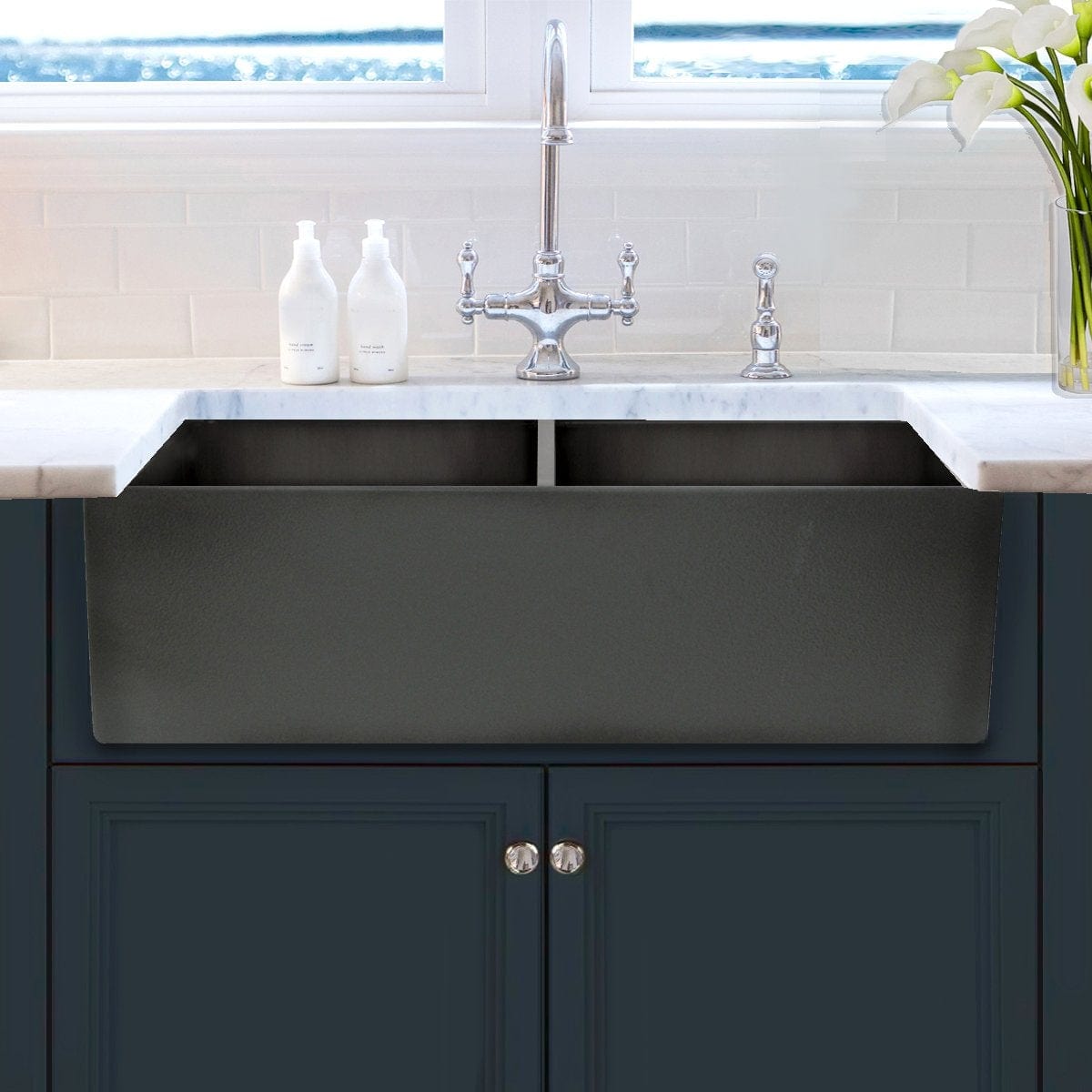 Nantucket 33" Double Bowl Farmhouse Fireclay Sink with Concrete Finish - FCFS3318D-Concrete showcased in a modern kitchen.