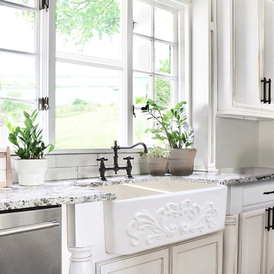 Nantucket 33" Double Bowl Farmhouse Fireclay Sink with Filigree Apron - FCFS3318D-Filigree in a bright kitchen setting.