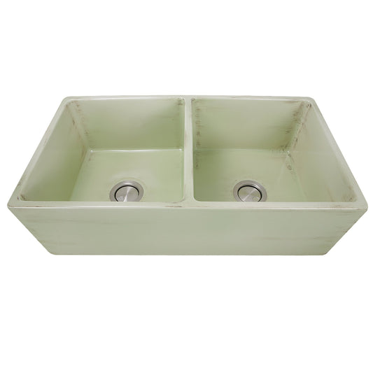 Nantucket 33" Double Bowl Farmhouse Fireclay Sink with Shabby Green Finish - FCFS3318D-ShabbyGreen
