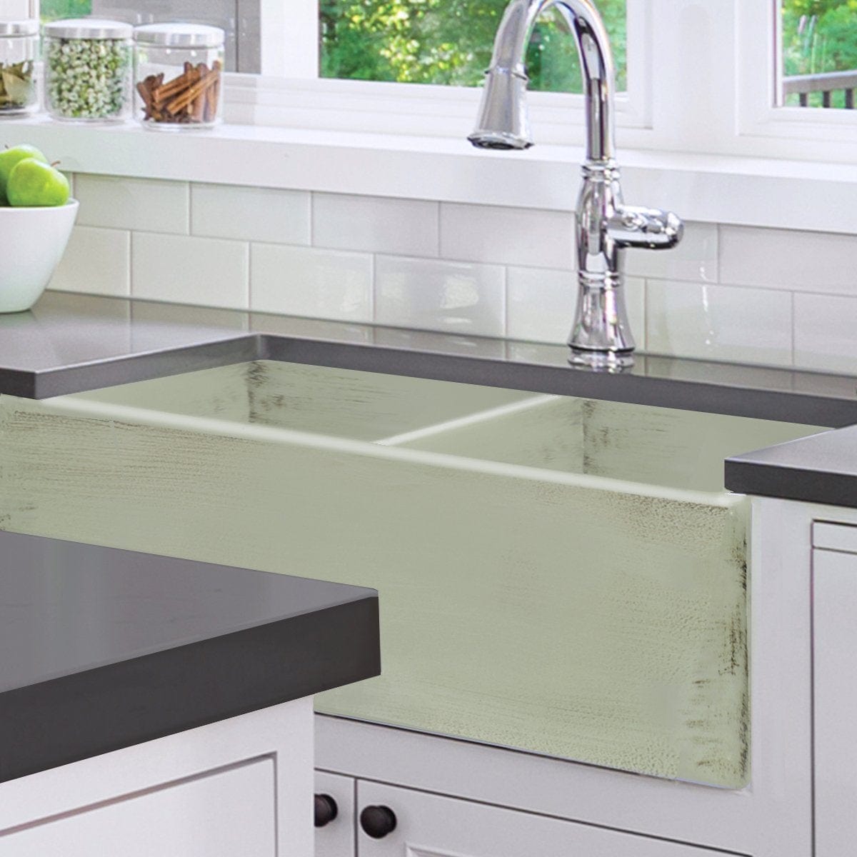 Nantucket 33" Double Bowl Farmhouse Fireclay Sink with Shabby Green Finish - FCFS3318D-ShabbyGreen in a modern kitchen.