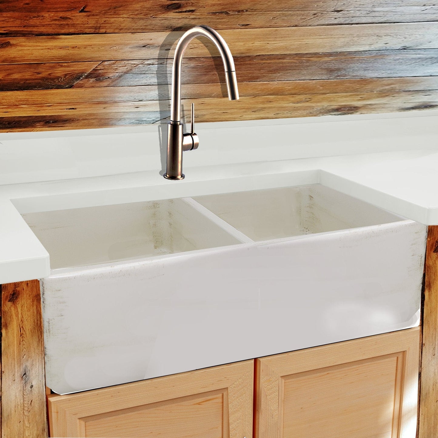 Nantucket 33" Double Bowl Farmhouse Fireclay Sink with Shabby Straw Finish - FCFS3318D-ShabbyStraw installed in kitchen.