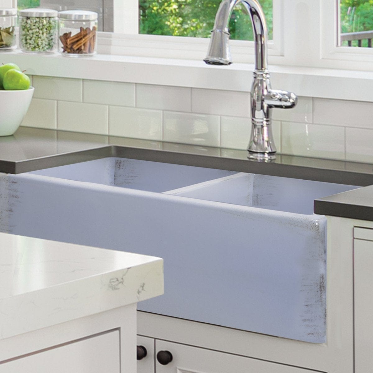Nantucket 33" Double Bowl Farmhouse Fireclay Sink with Shabby Sugar Finish - FCFS3318D-ShabbySugar in a stylish kitchen setting.