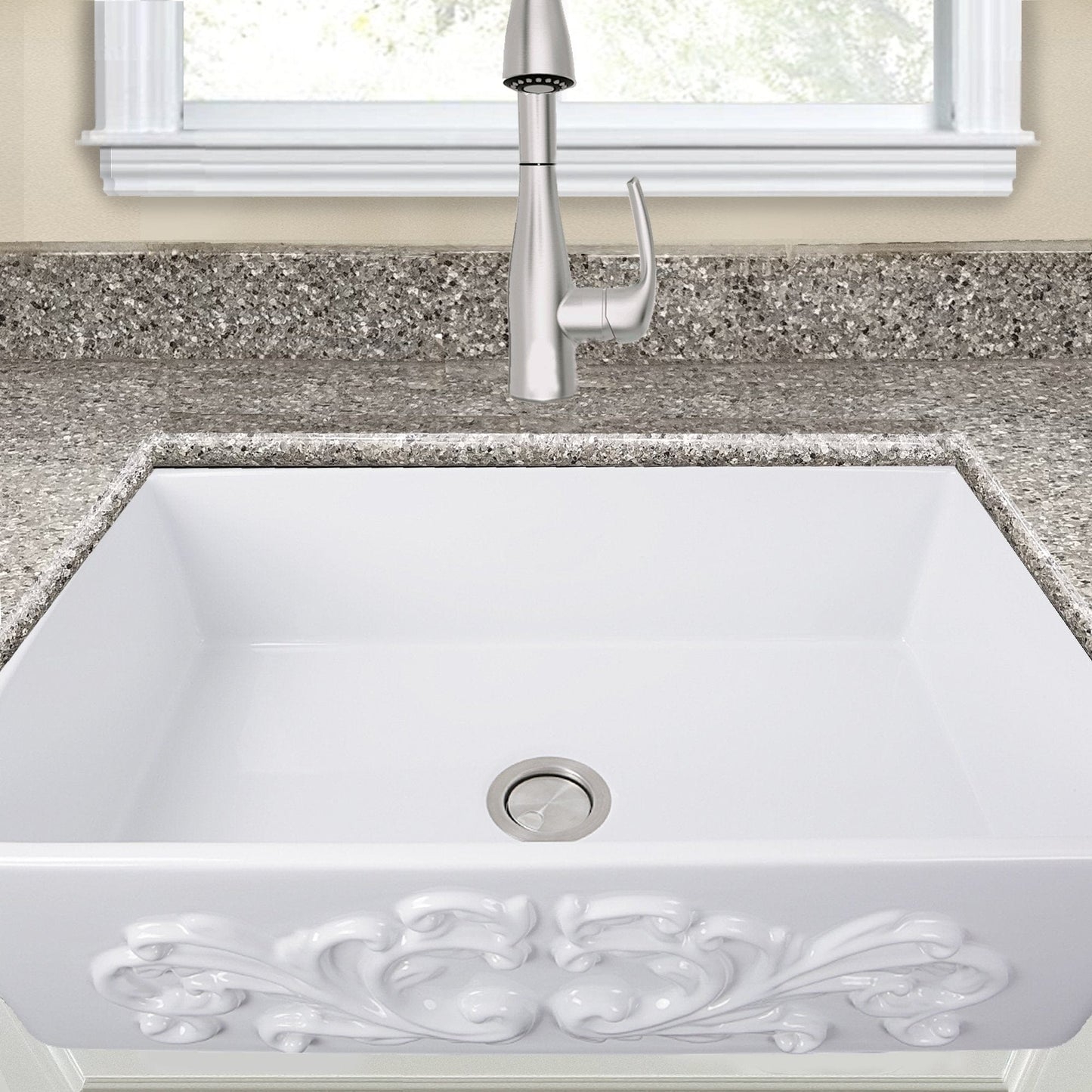 Nantucket 33" Farmhouse Fireclay Sink with Filigree Apron - FCFS3320S-Filigree showcased in a modern kitchen setting.