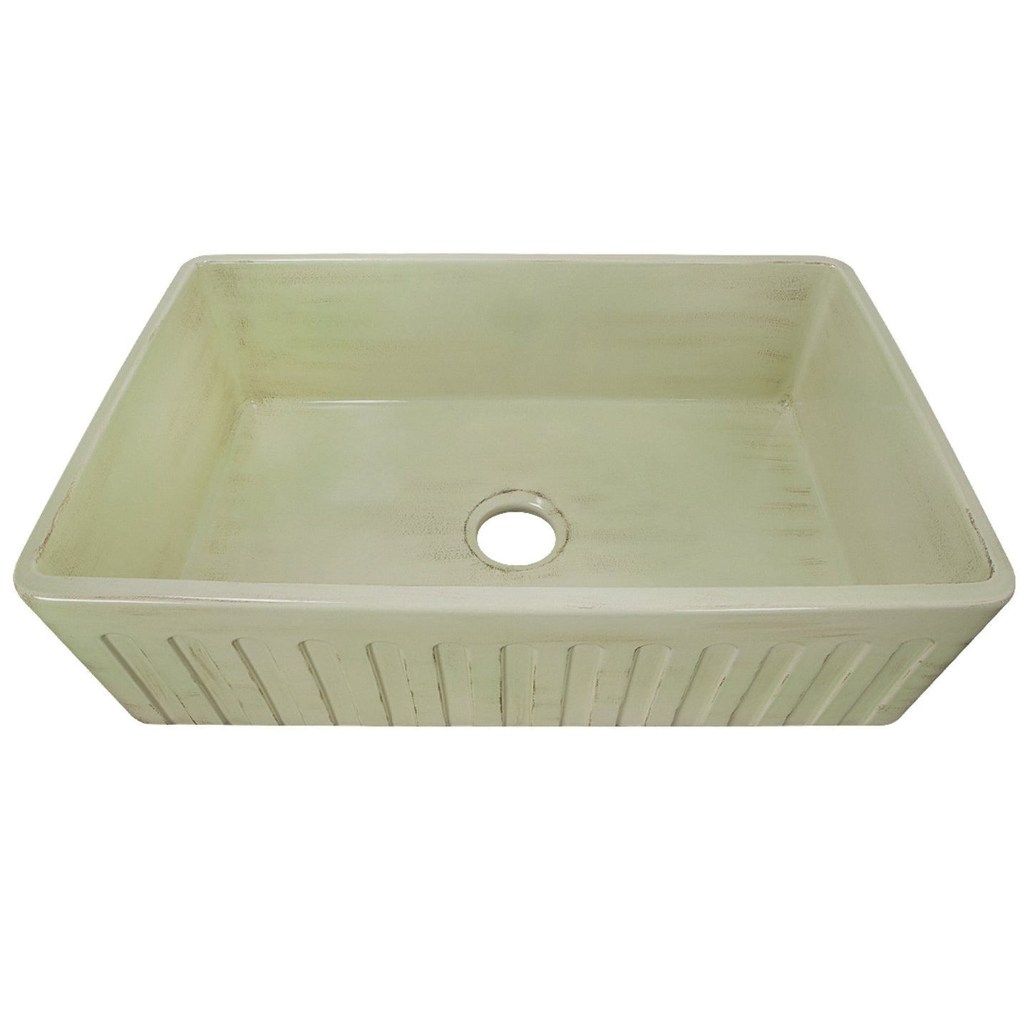 Nantucket 33" Farmhouse Fireclay Sink with Shabby Green Finish - FCFS3320S-ShabbyGreen showcasing a hand-distressed surface.