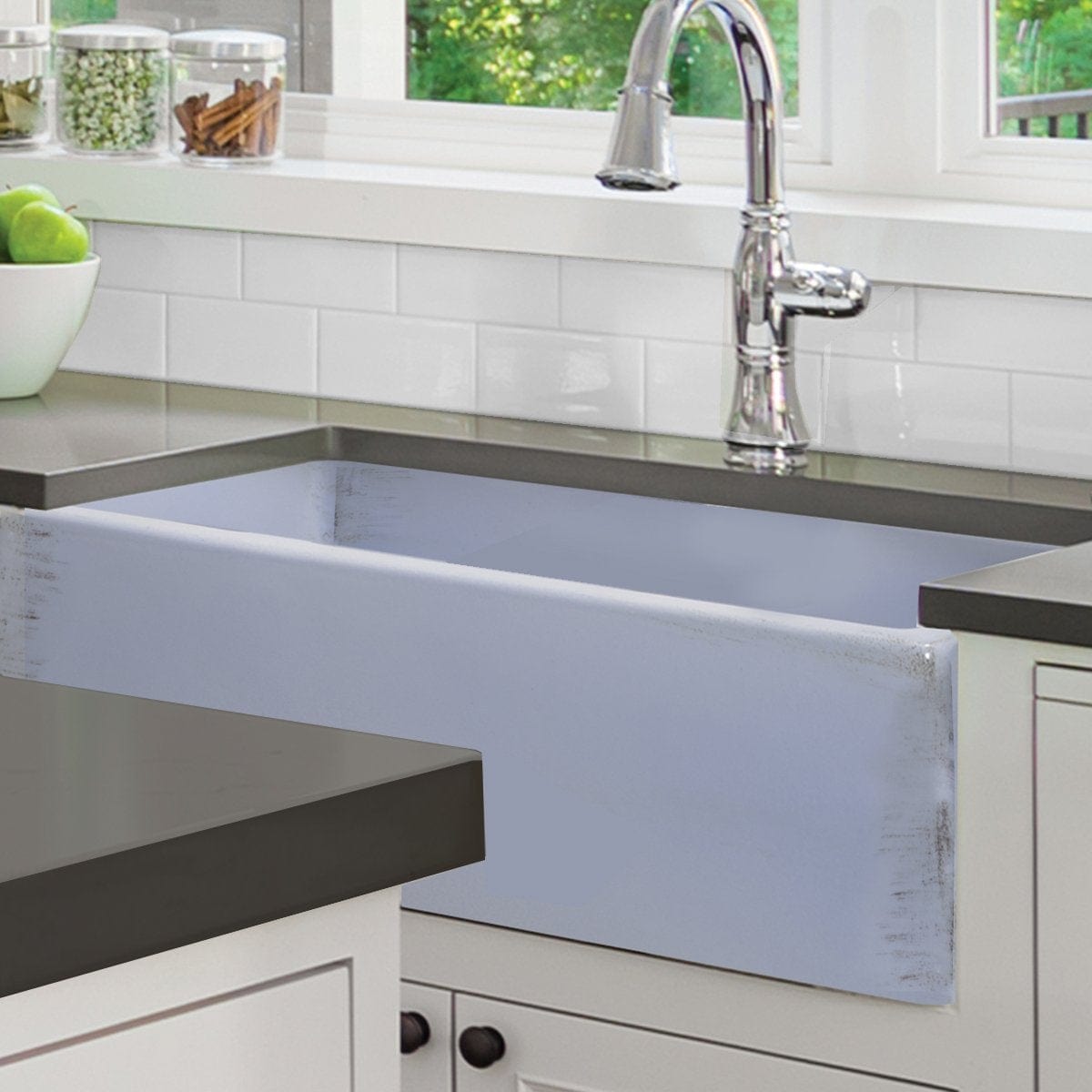 Nantucket 33" Farmhouse Fireclay Sink with Shabby Sugar Finish - FCFS3320S-ShabbySugar in a modern kitchen setting.