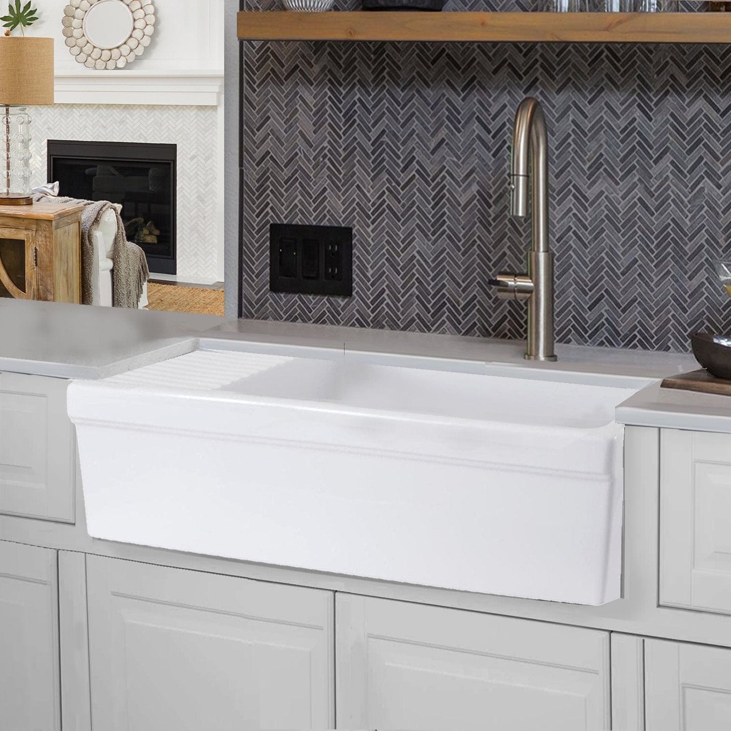Nantucket 36" Italian Farmhouse Fireclay Sink with Built-In Drainboard - FCFS36-DB displayed in a modern kitchen.