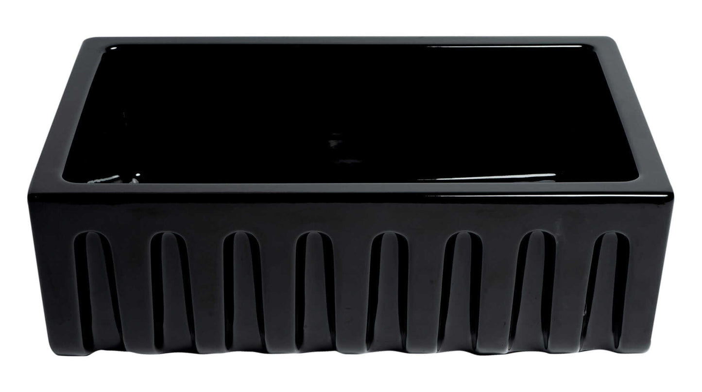 ALFI 30" Black Gloss Reversible Fireclay Farmhouse Sink featuring a sleek, smooth black finish and fluted apron design.