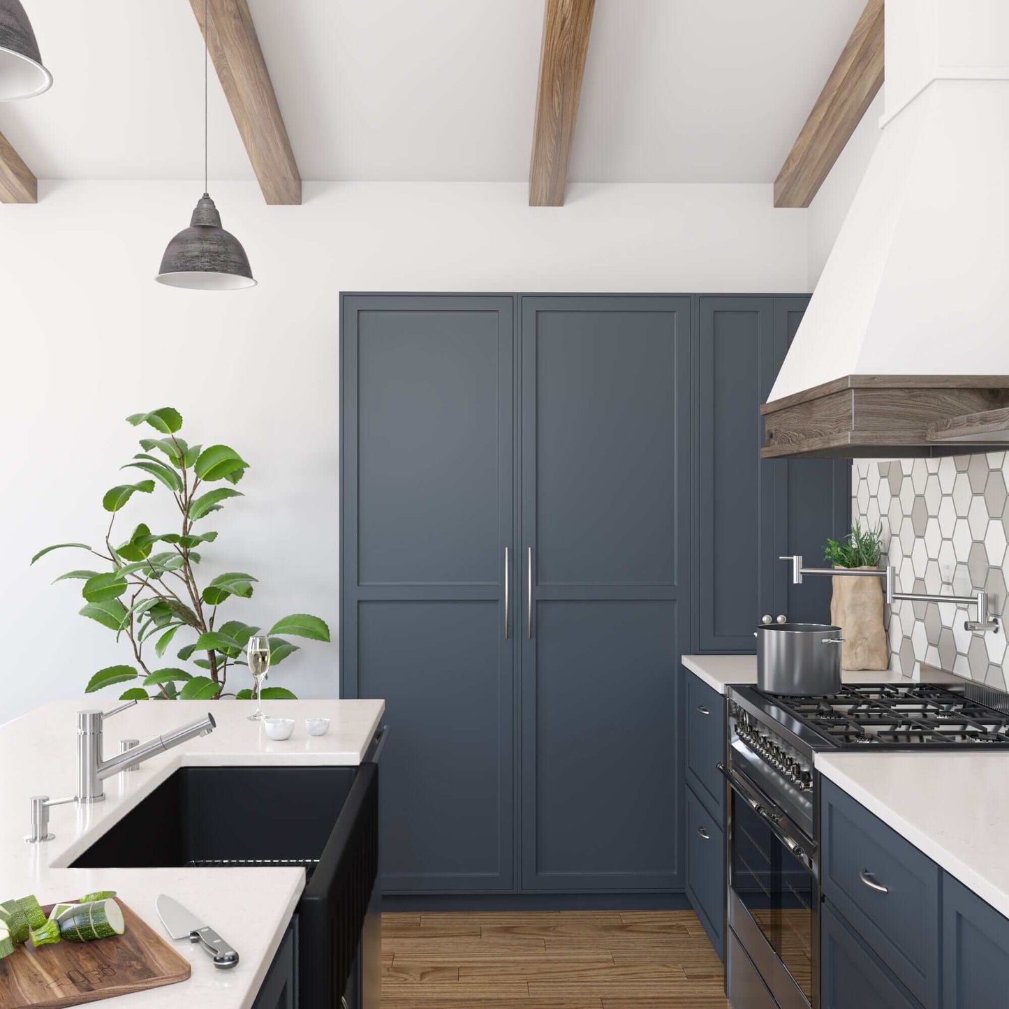 ALFI 36" Black Matte Reversible Smooth / Fluted Single Bowl Fireclay Farm Sink AB3618HS-BM in a modern kitchen setup.