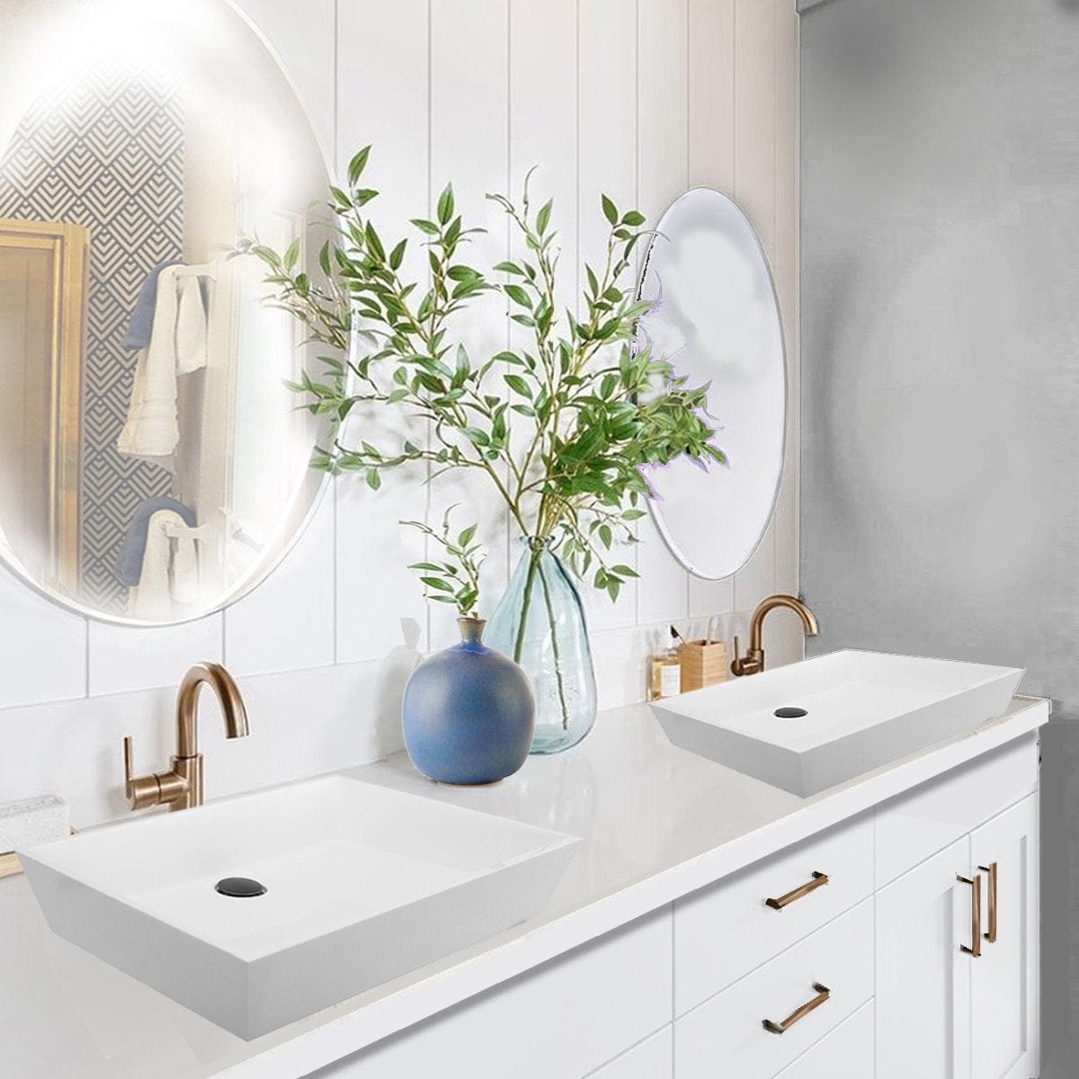 Nantucket Rectangle White Glacierstone Sink - NS-GSTR24 in stylish bathroom with modern decor and natural greenery