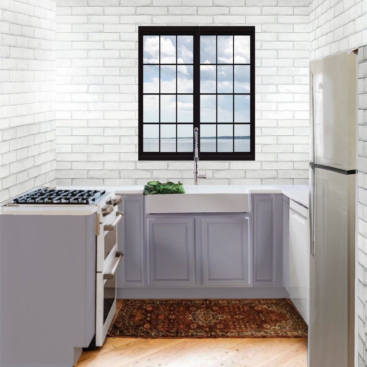 Kitchen interior featuring the Nantucket Retrofit Glacierstone Single Bowl EZApron Kitchen Sink - NS-GSEZA32S with modern appliances.