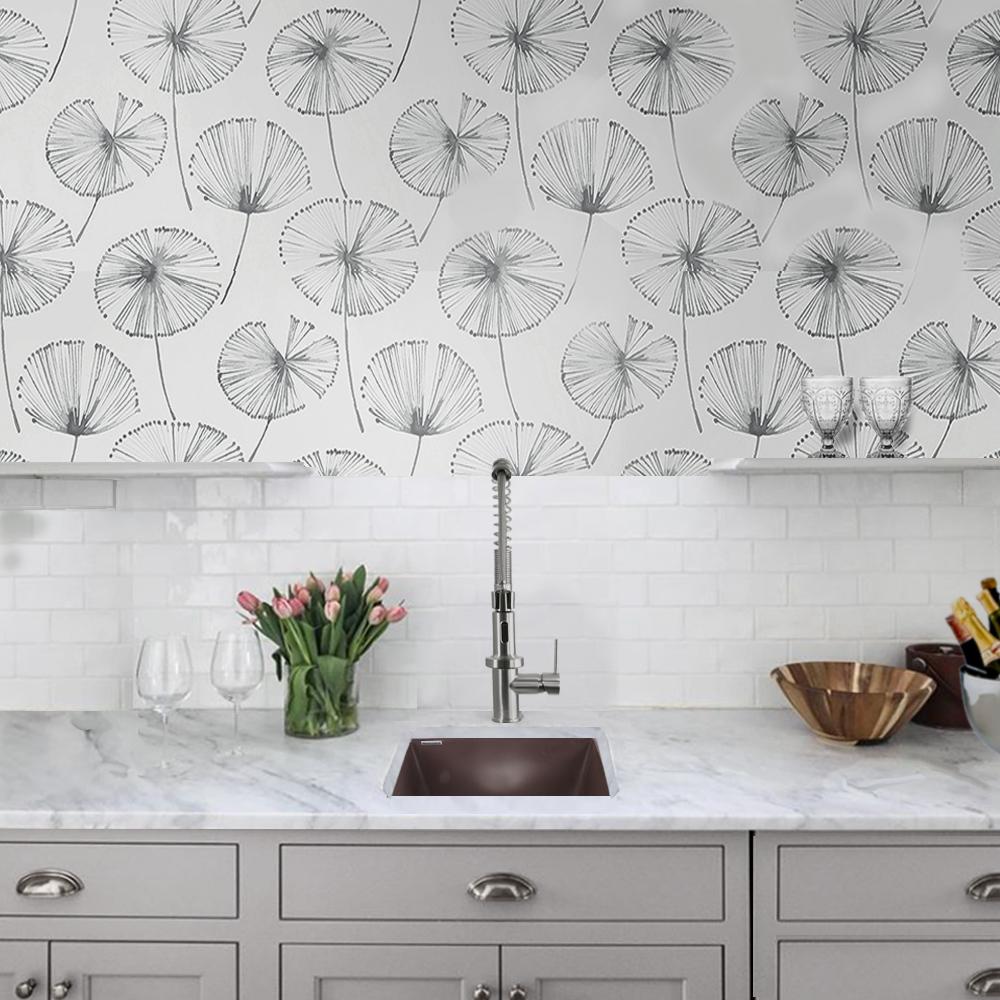Classic Brown Bar-Prep Sink by Nantucket - 17" Traditional Undermount in a stylish kitchen setting with floral wallpaper.