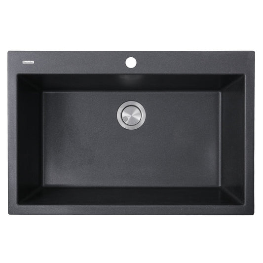 Nantucket 33" Dual-Mount Granite Composite Kitchen Sink Black, showcasing an architectural black design and modern faucet hole.