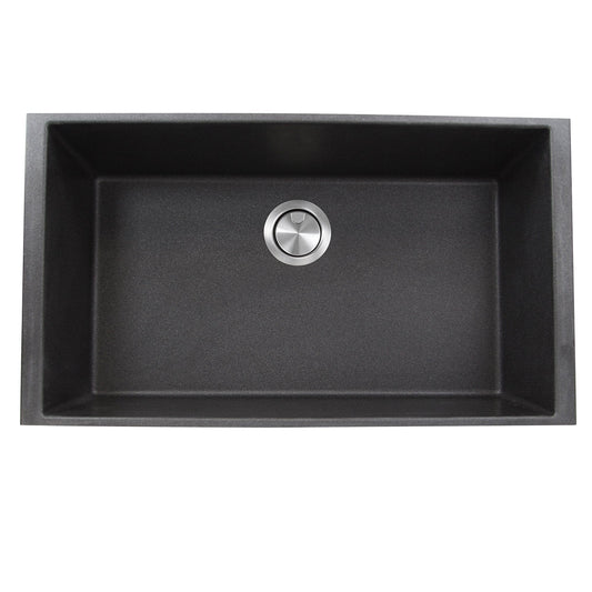 Nantucket 33" Undermount Granite Composite Kitchen Sink Black with modern, sleek design and silver drain.