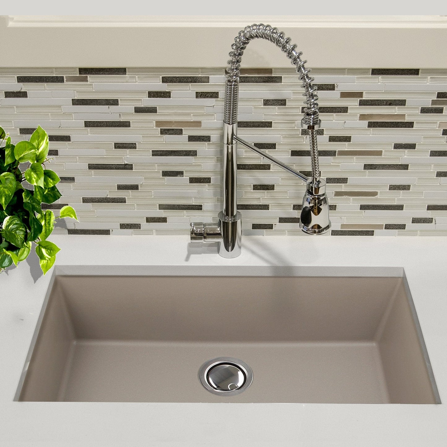 Nantucket 33" Undermount Granite Composite Kitchen Sink Truffle with modern faucet and stylish backsplash.