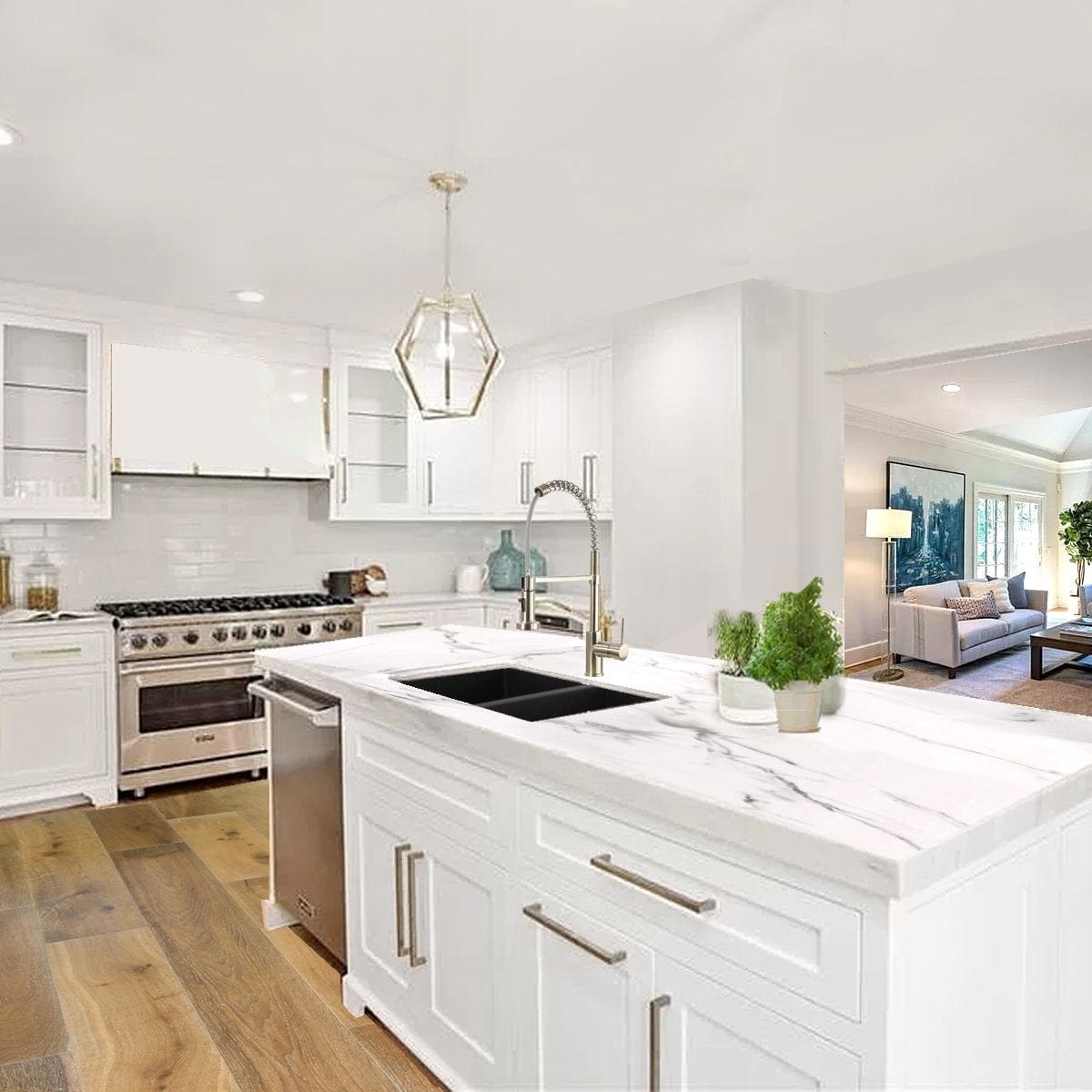 Nantucket 50/50 Double Bowl Undermount Granite Composite Black - PR5050-LDBL installed in a modern kitchen with marble countertop.