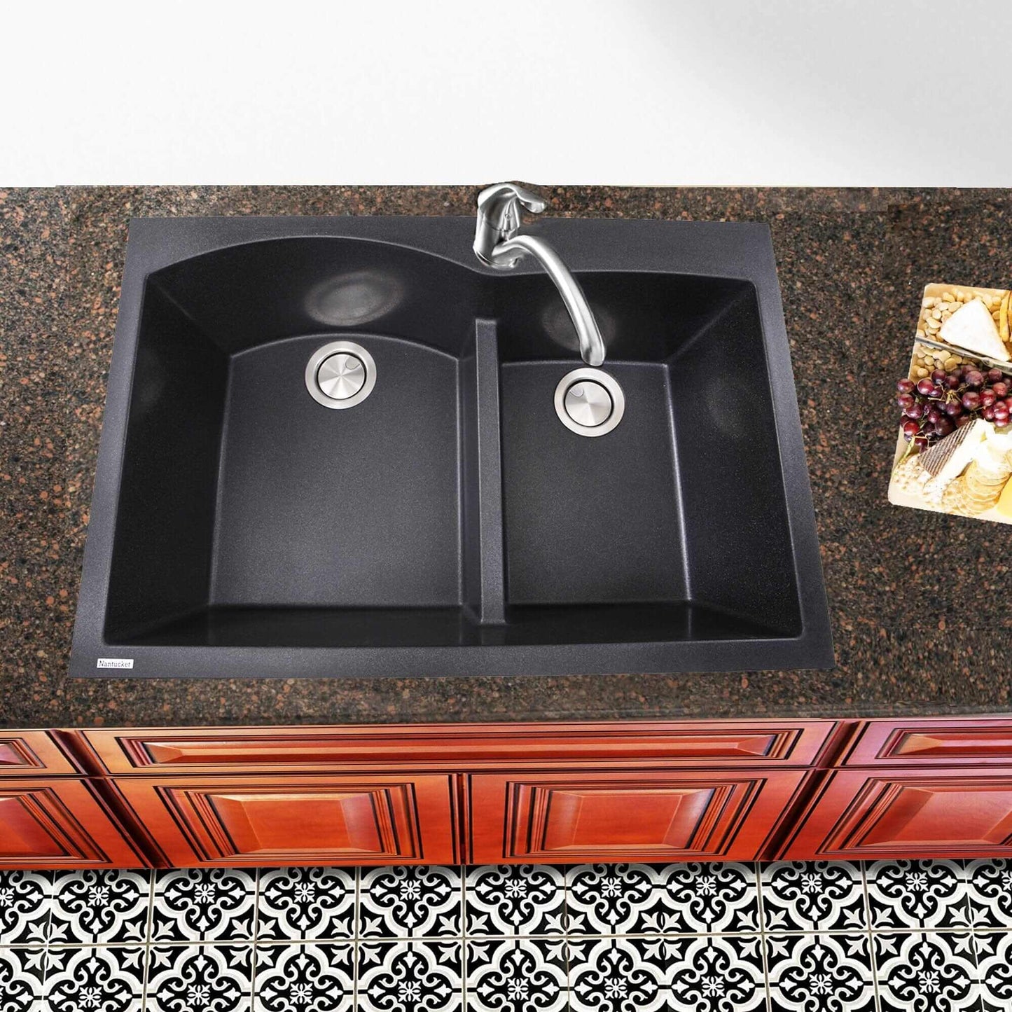 Nantucket 60/40 Double Bowl Dual-mount Granite Composite Black - PR6040-BL sink installed in a stylish kitchen.
