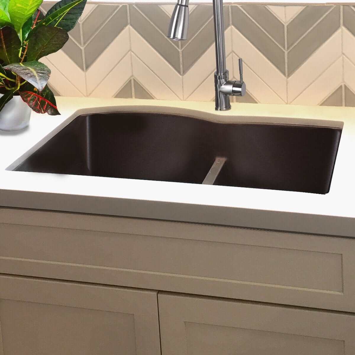 Nantucket 60/40 Double Bowl Dual-mount Granite Composite Brown - PR6040-BR displayed in modern kitchen setting.