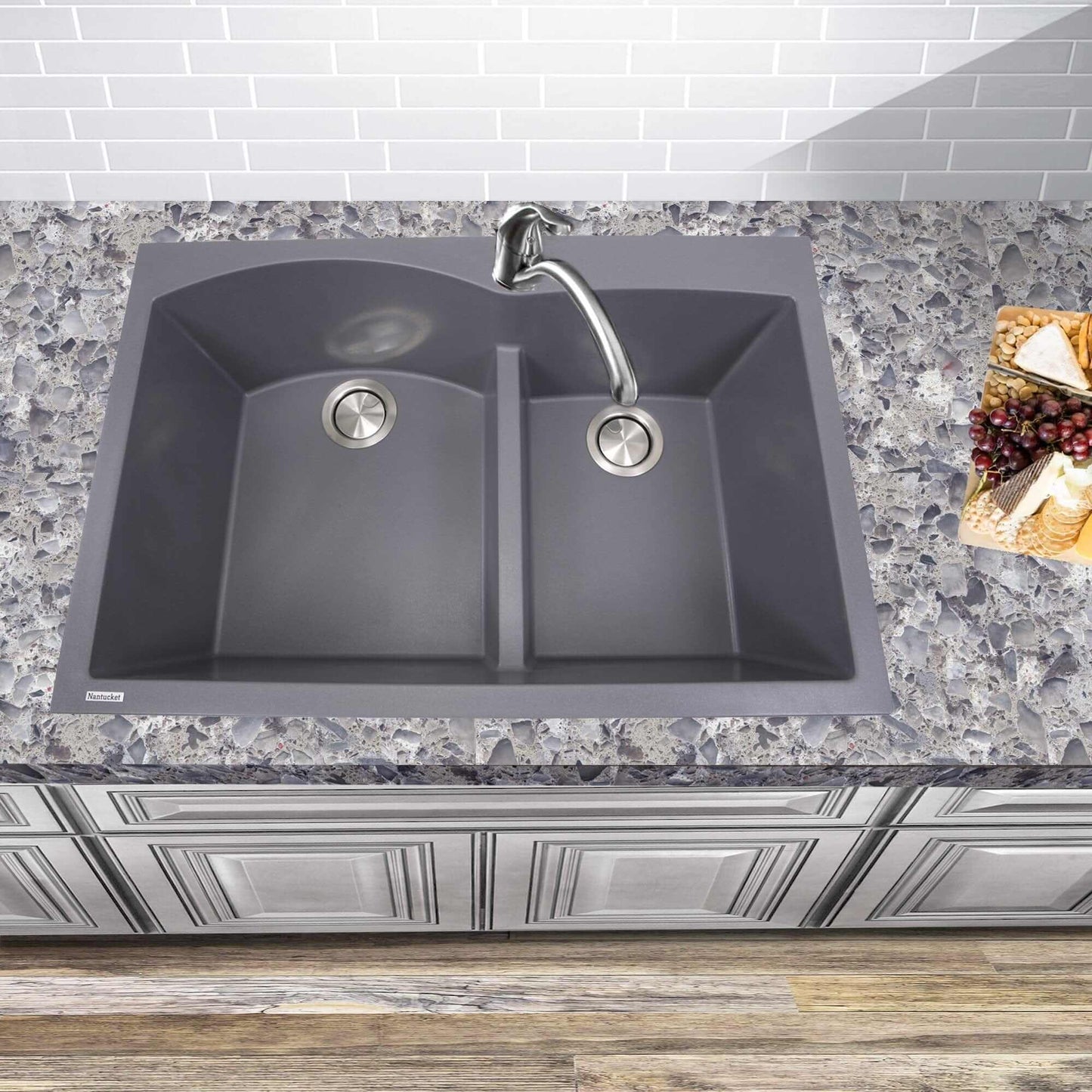 Nantucket 60/40 Double Bowl Dual-mount Granite Composite Titanium - PR6040-TI sink installed in a modern kitchen countertop.