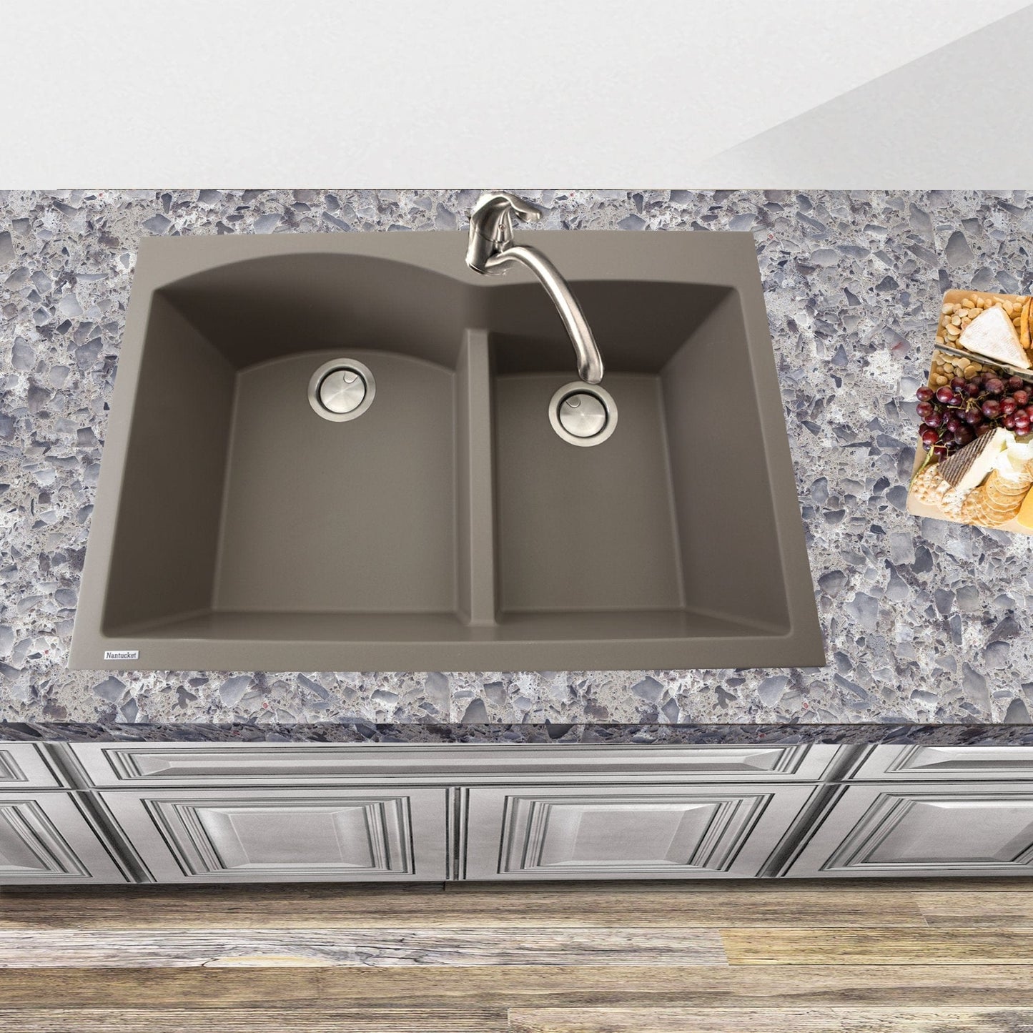 Nantucket 60/40 Double Bowl Dual-mount Granite Composite Truffle - PR6040-TR installed in a modern kitchen setup with granite countertop.
