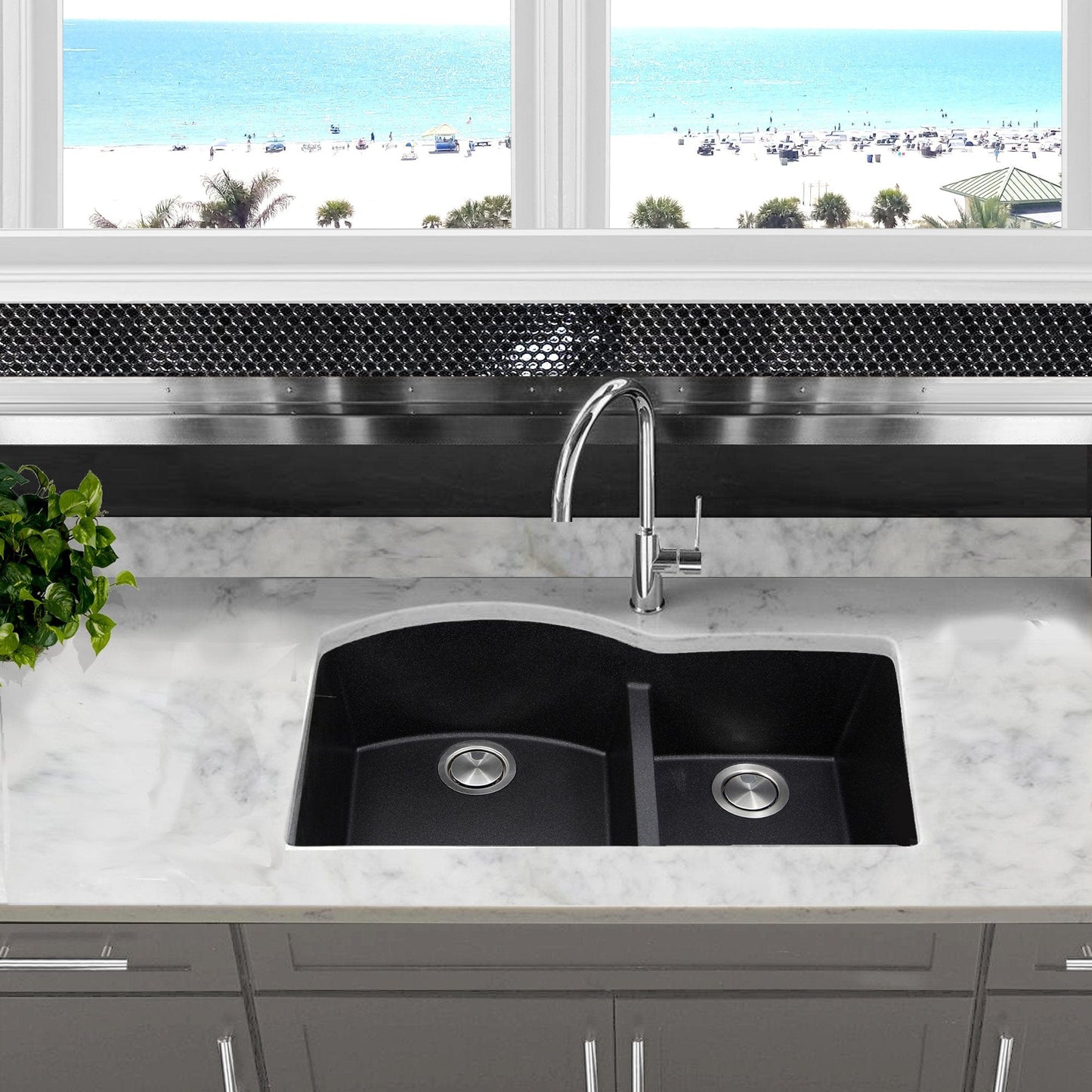 Nantucket 60/40 Double Bowl Undermount Granite Composite Black - PR6040-BL-UM installed in a modern kitchen with a scenic view.