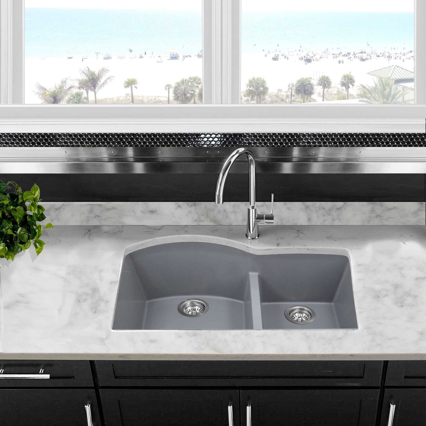 Nantucket 60/40 Double Bowl Undermount Granite Composite Titanium - PR6040-TI-UM in a stylish kitchen setting.