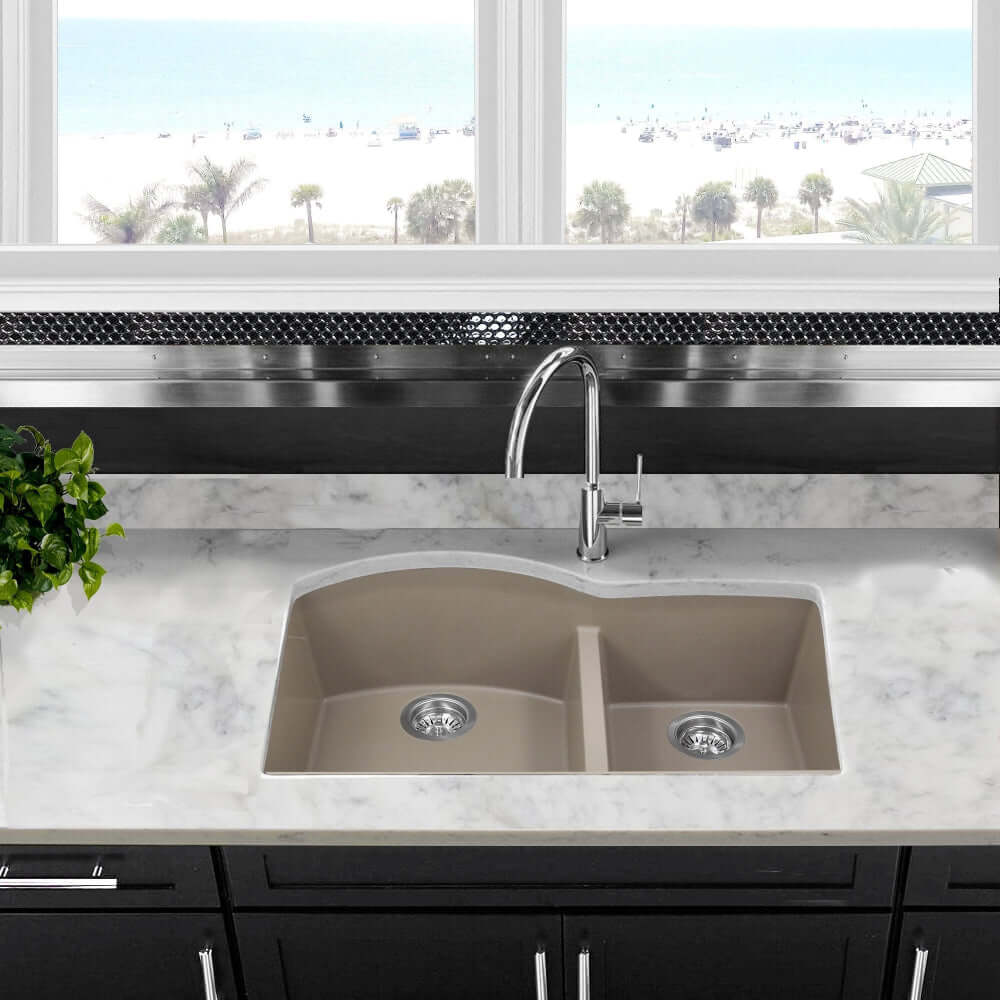 Nantucket 60/40 Double Bowl Undermount Granite Composite Truffle - PR6040-TR-UM installed in a modern kitchen sink.
