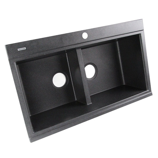Nantucket Large Double Bowl Prep Station Granite Composite Black kitchen sink in sleek black design.