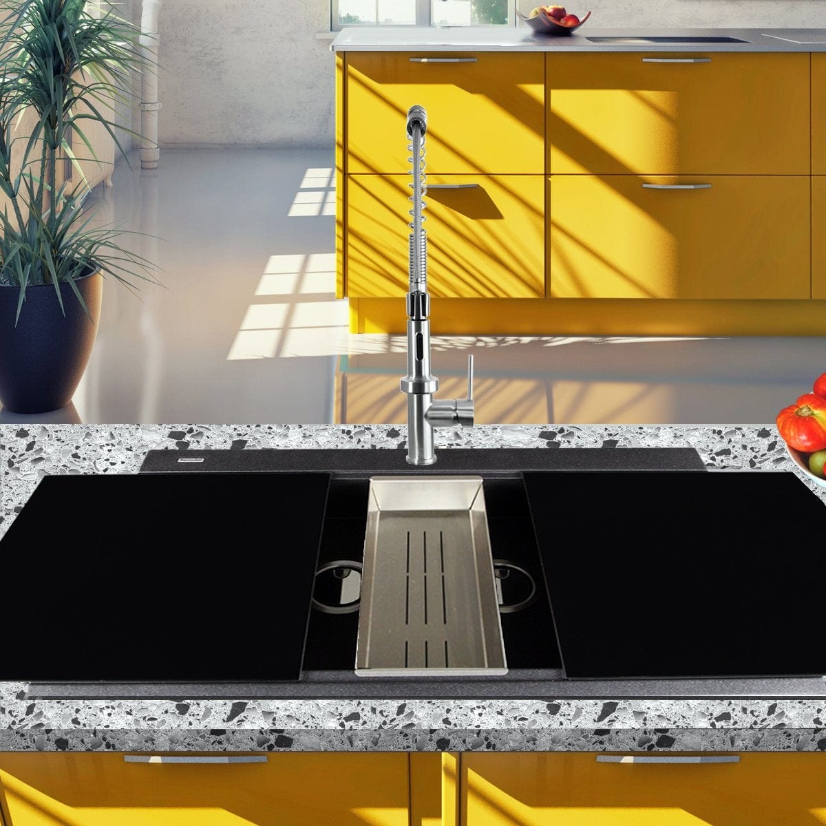 Nantucket Large Double Bowl Prep Station Granite Composite Black in modern kitchen with yellow cabinets.