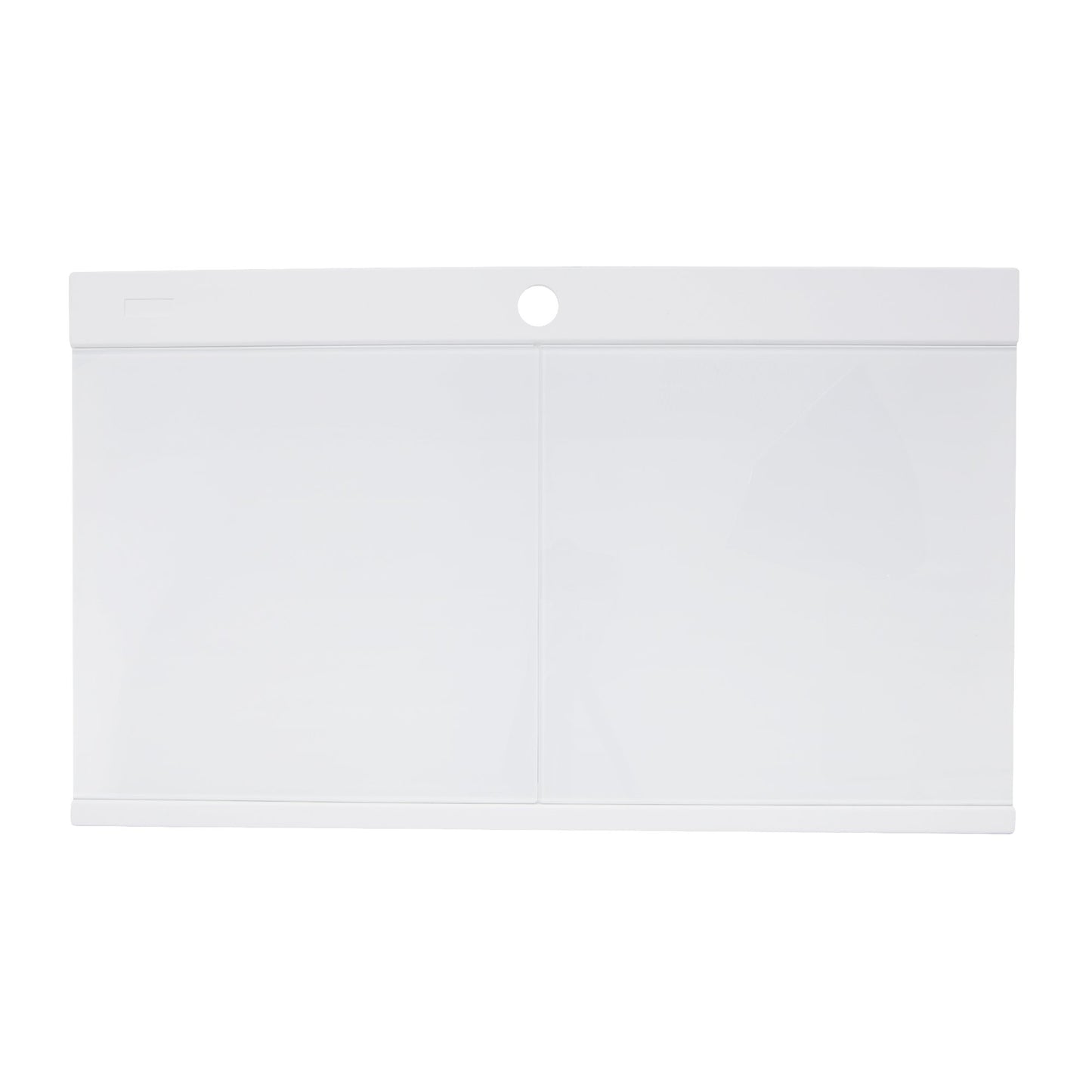 Transparent A4-sized display sleeve with vertical orientation and hole for hanging.