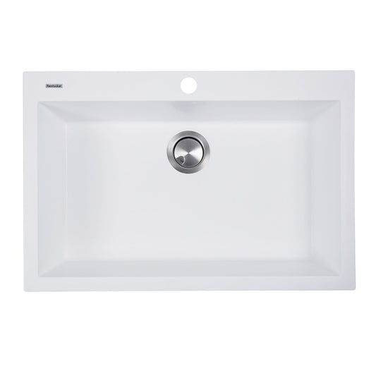 Nantucket Large Single Bowl Dual-Mount Granite Composite White kitchen sink with a pristine white finish.