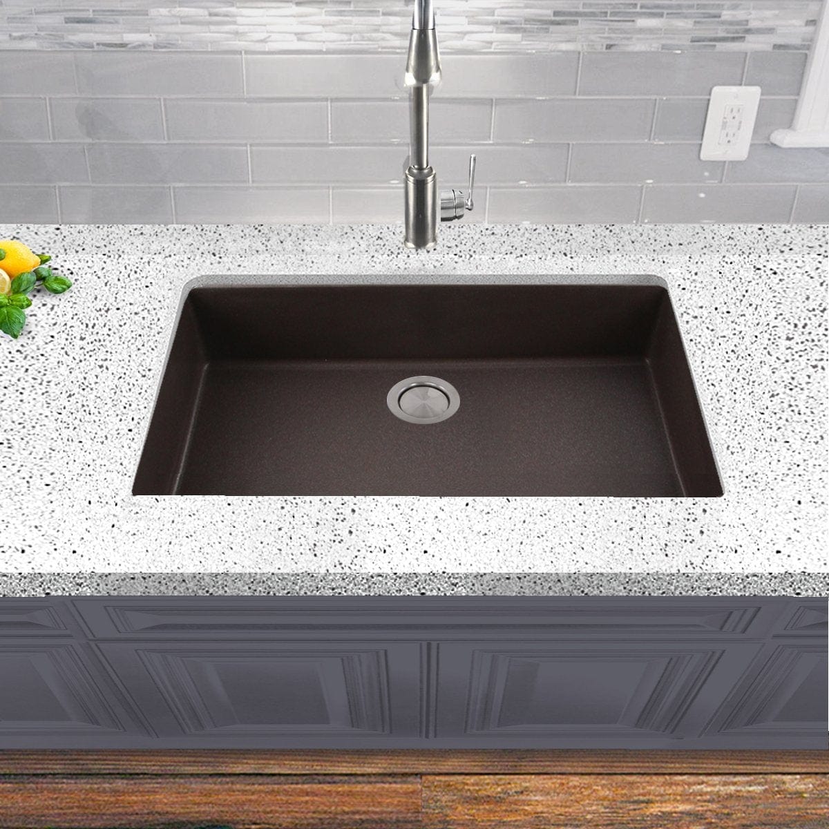 Brown Granite Composite Undermount Kitchen Sink by Nantucket on a stylish countertop with a modern faucet.